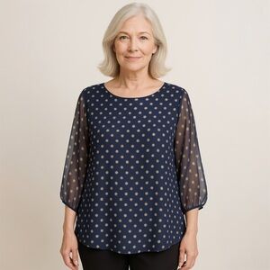 Sara Michele Navy & Gold Polka Dot Sheer Sleeve Blouse – Size M